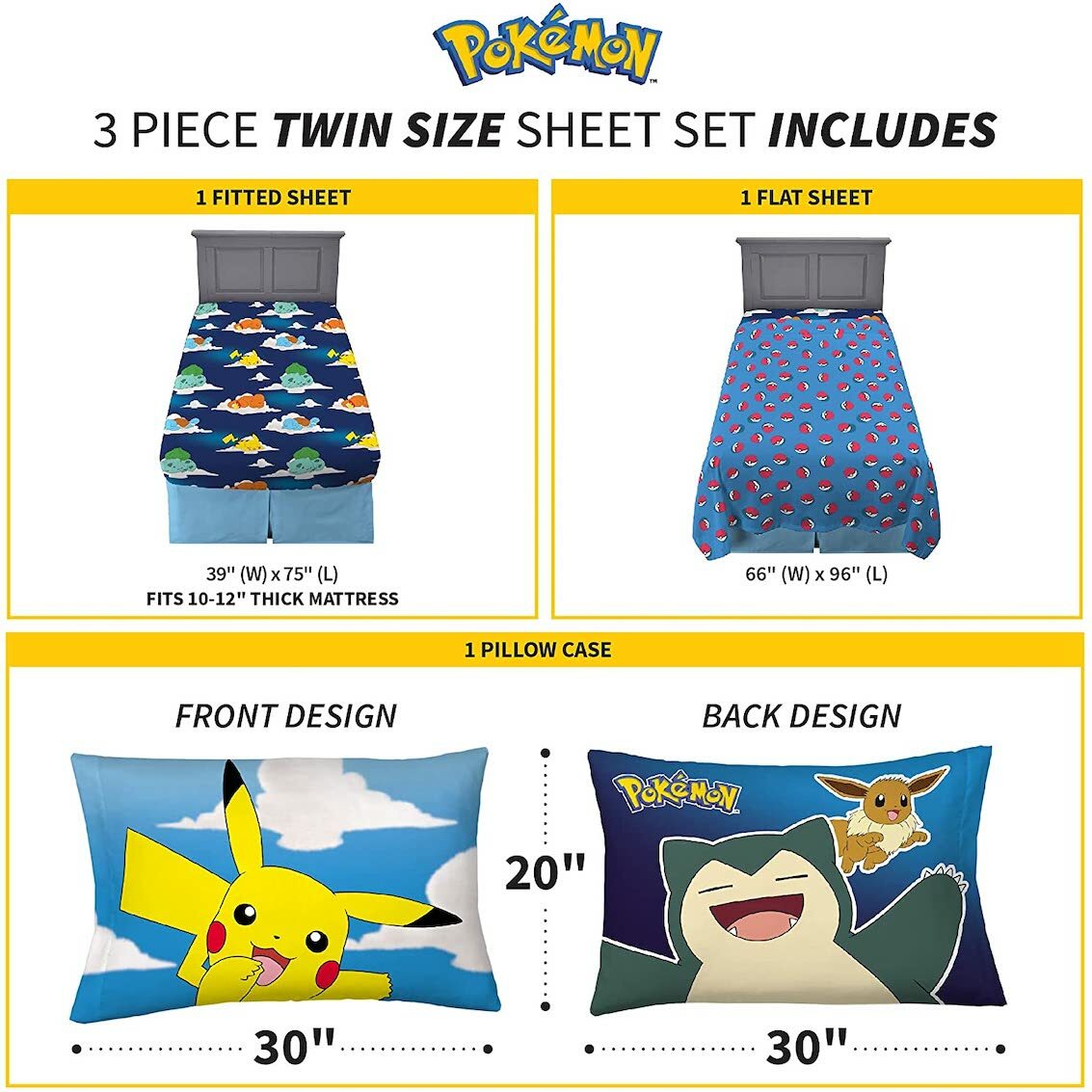 美國 Pokemon 3 件裝床上套裝 (單人床)