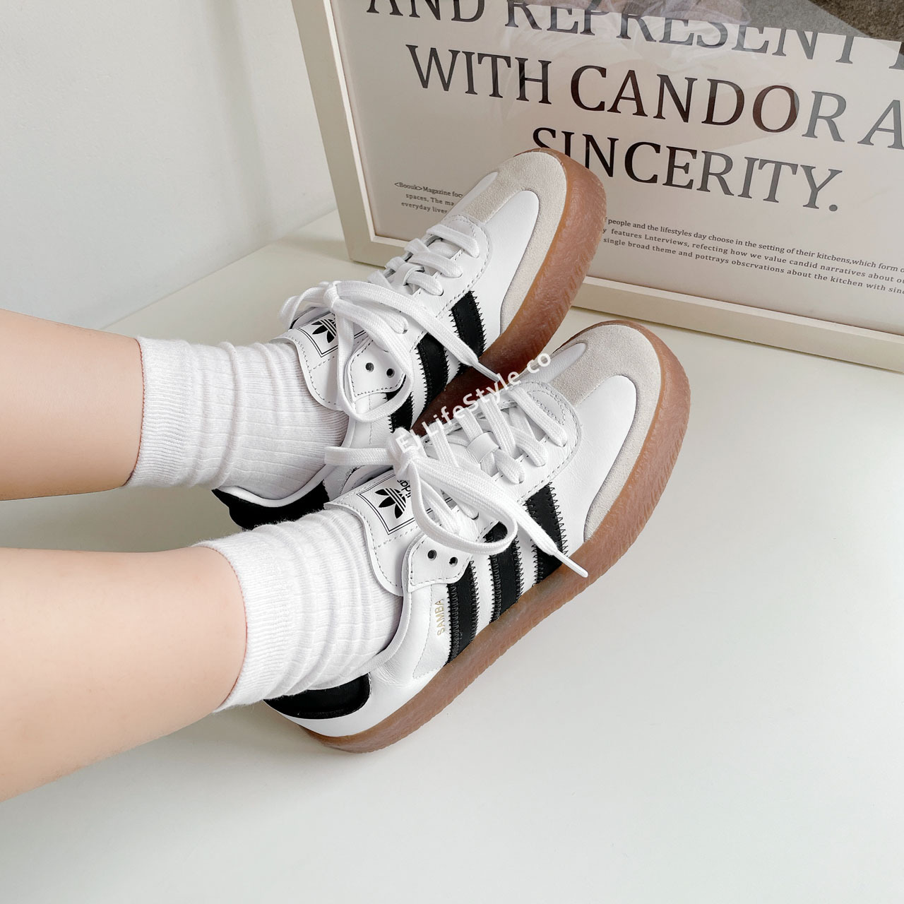 ADIDAS SAMBAE 白黑 焦糖底 厚底 增高 仿皮革 女鞋 JI1349 / 預購