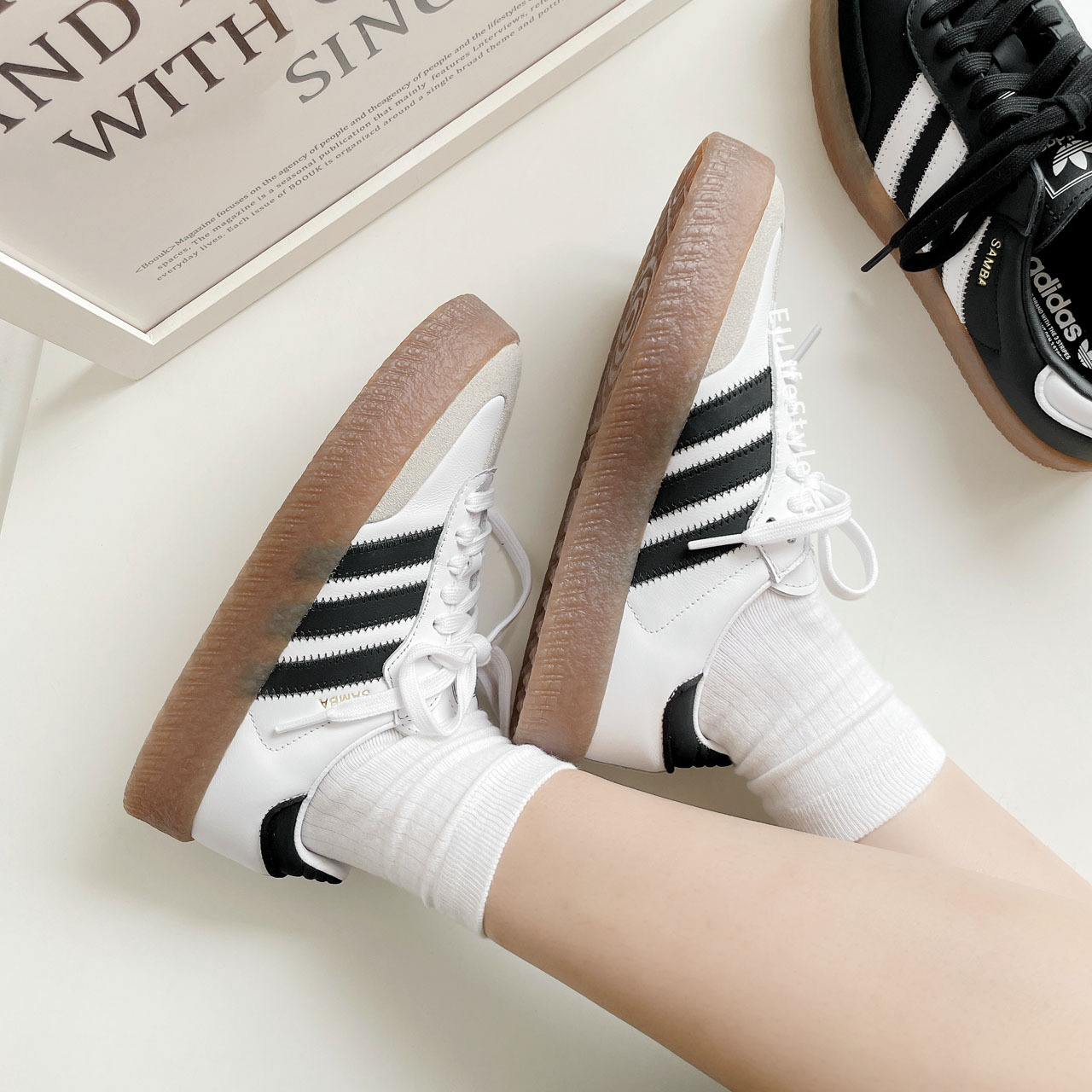 ADIDAS SAMBAE 白黑 焦糖底 厚底 增高 仿皮革 女鞋 JI1349 / 預購