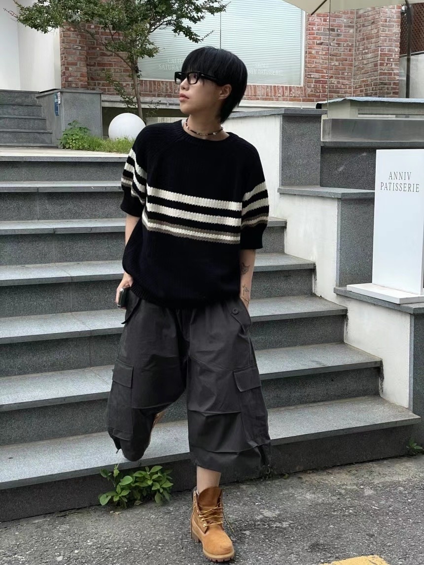 【HERETICS STUDIO 】韓國 고품질 針織 撞色 線條 螺紋袖 寬鬆 短袖