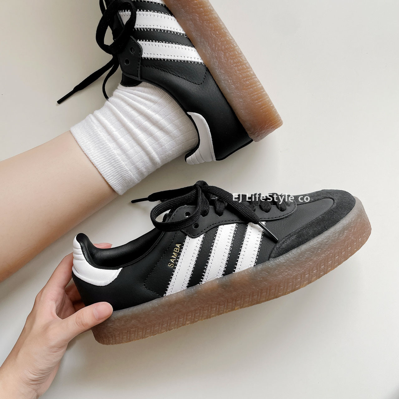 ADIDAS SAMBAE 黑色 黑白 焦糖底 厚底 增高 仿皮革 女鞋 JI1350 / 調貨