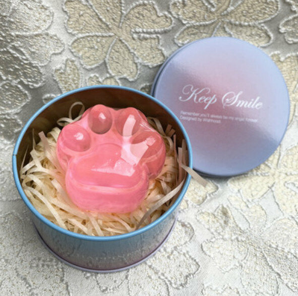 爆款卡通貓爪手工香皂（粉色透明款+款2鐵盒）【重量約60g】