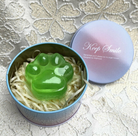爆款卡通貓爪手工香皂（青色透明款+款2鐵盒）【重量約60g】