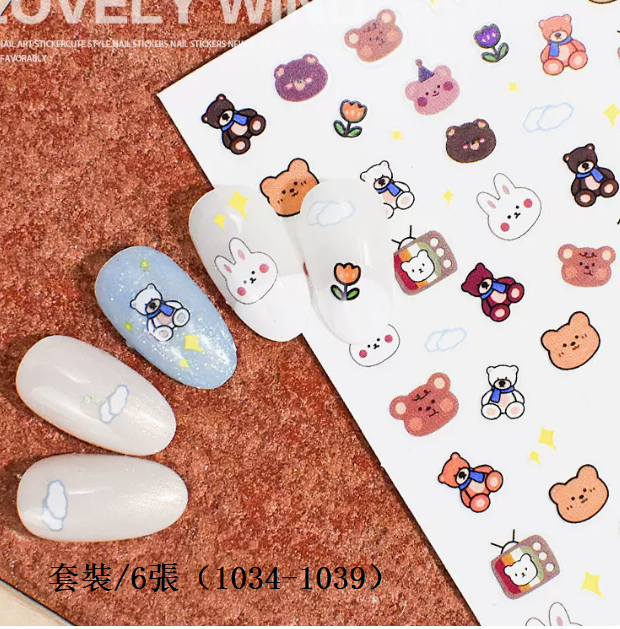 Hot selling manicure cartoon flower stickers (set/6 sheets 1034-1039#)