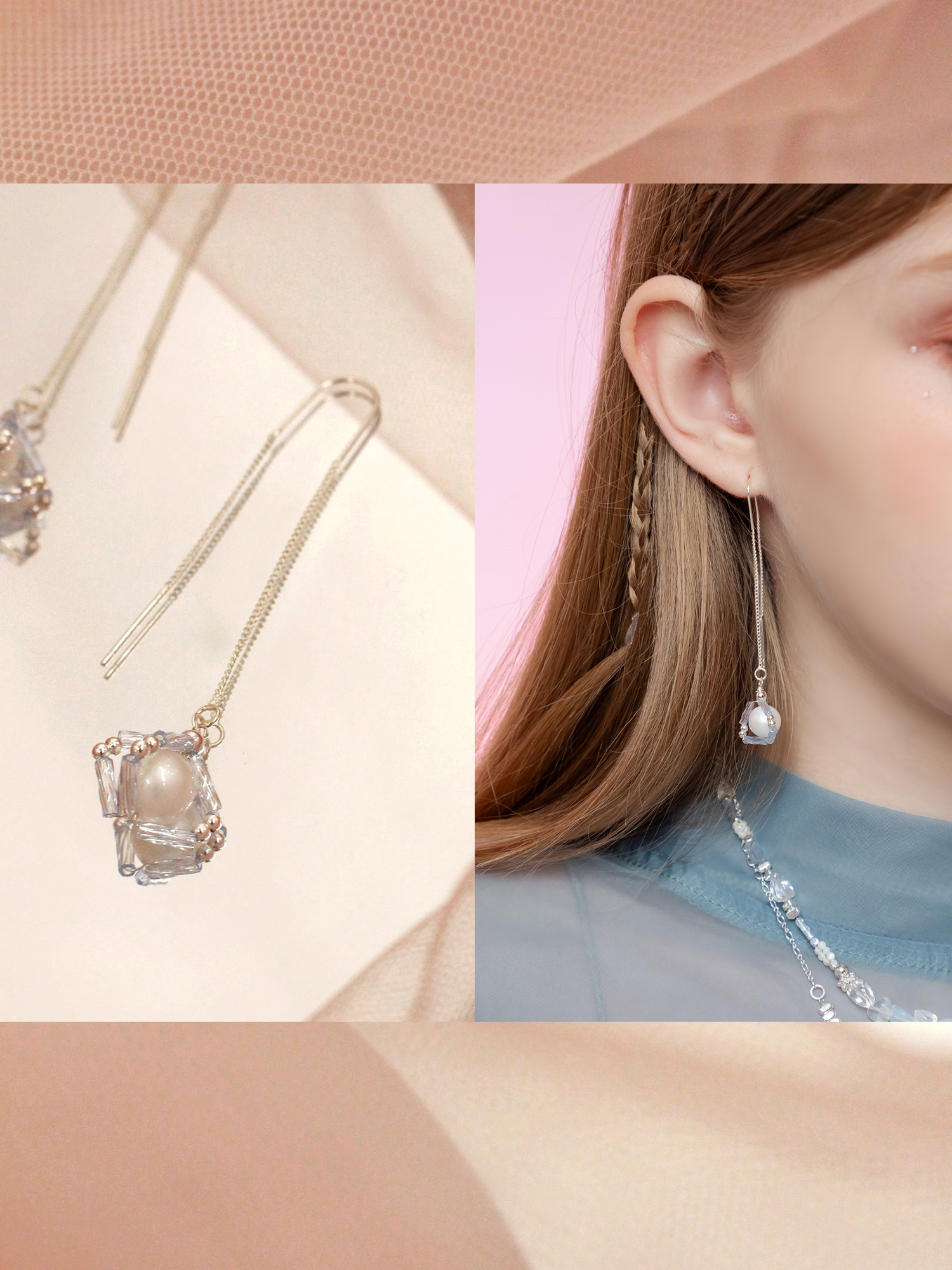 天空之鏡。MUCHAT手作垂墜幾何珍珠純銀針耳環