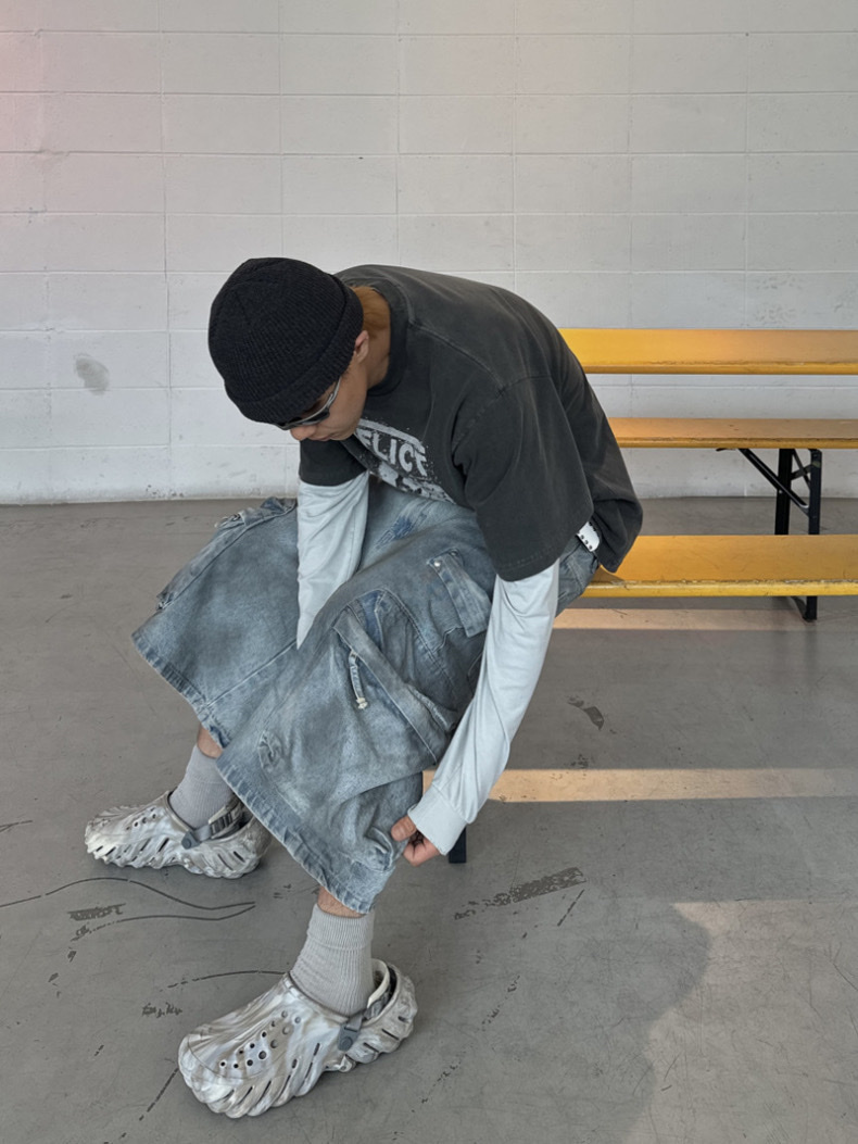 【HERETICS STUDIO 】韓國 고품질 大口袋 仿舊 刷舊 膝下 牛仔 寬大版型 短褲