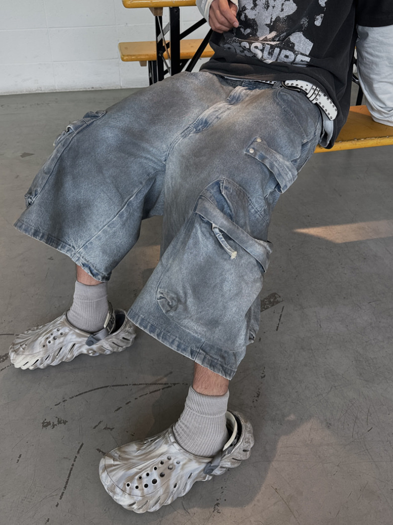 【HERETICS STUDIO 】韓國 고품질 大口袋 仿舊 刷舊 膝下 牛仔 寬大版型 短褲