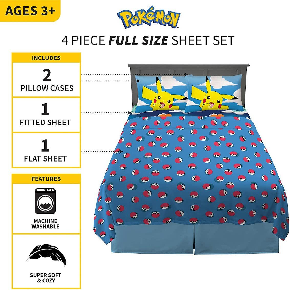 美國 Pokemon 4 件裝床上套裝 (雙人床)