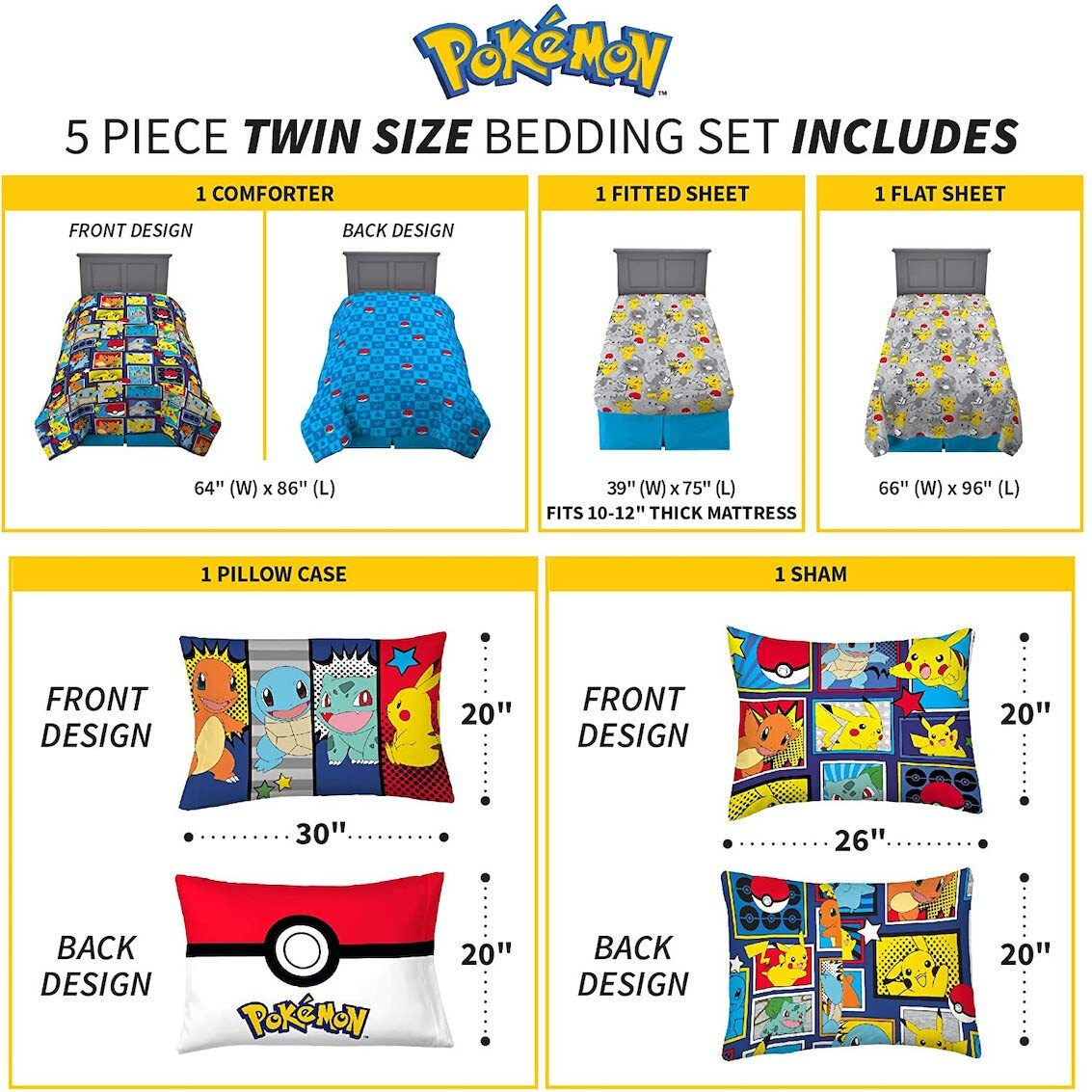 美國 Pokemon 5 件裝床上套裝 (單人床)