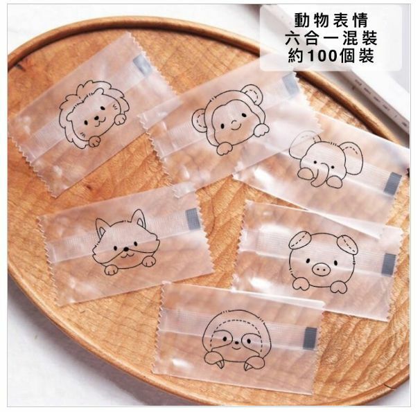 熱推一次性透明機封包裝袋 糖果餅乾小食食物袋 不帶黏性（動物表情六合一 約100個裝 4.5*7.5cm）