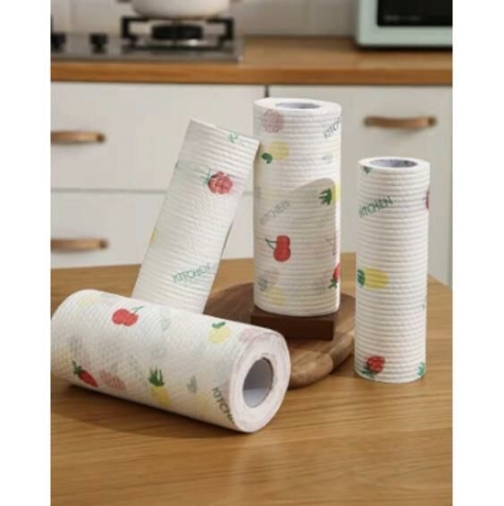 Hotly recommended thickened printed scouring pad oil-absorbing and water-absorbing lazy paper rag (wet and dry use - washable and reusable) 1 roll with random pattern