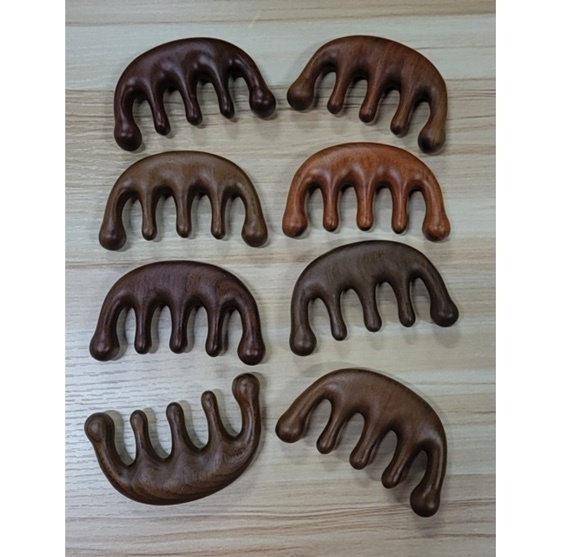 Popular Massage Head Therapy Golden Sandalwood Comb Head Meridians Five-Tooth Comb (Five-Tooth Comb in Cloth Bag - 1 Random from the Main Picture)