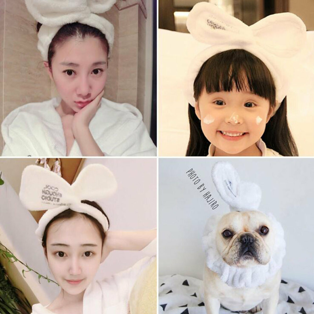New Rabbit Ears Headband Flannel Bow Makeup Face Wash Hairband (White)