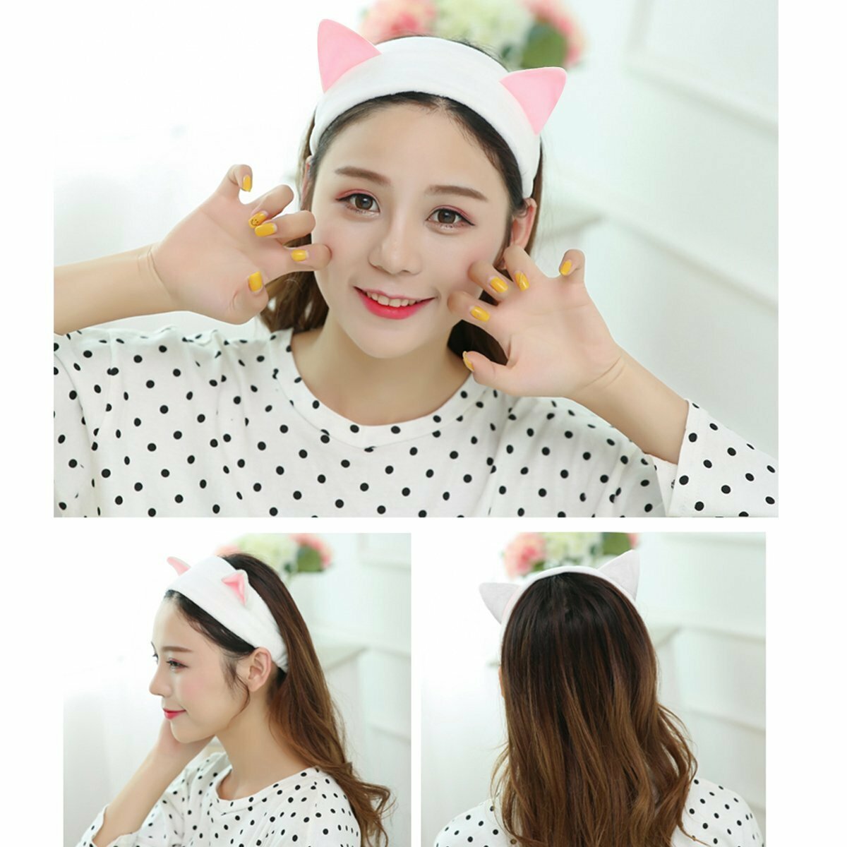 New cute cat ear headband, cat ear headband, makeup wash and face mask headband (white)