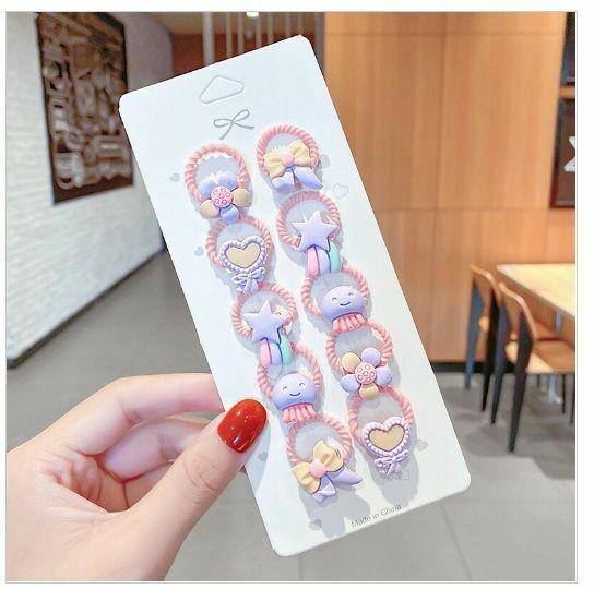 New mini children's cartoon rubber band hair tie (Purple Stars, 10 pieces, random color)