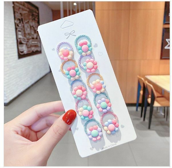 Hot selling mini children's cartoon rubber band hair tie (eight-petal flower, 10 pieces, random color)