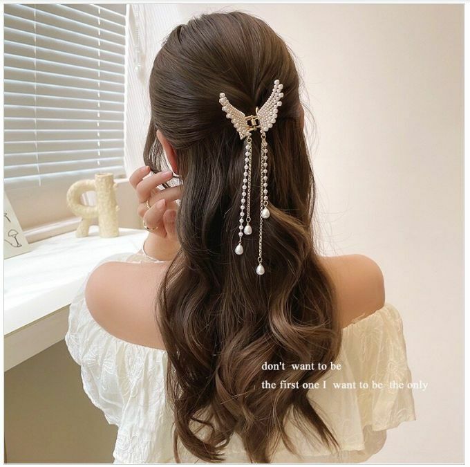 Hot selling metal pearl bow tassel shark clip hair clip hair accessories