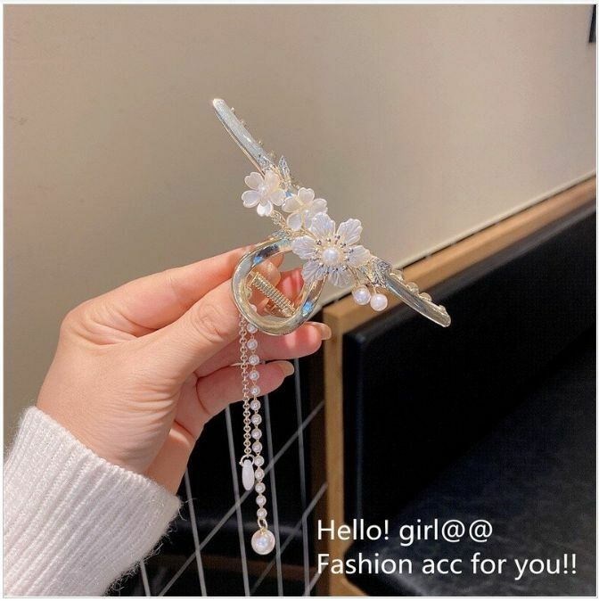 Hot Selling Elegant Flower Tassel Imitation Pearl Hair Clip Hair Accessories (White Flower)