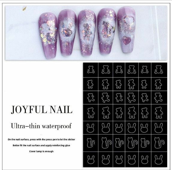 Hot selling dual-purpose hollow manicure adhesive backing template sticker (little bear + bunny + cat)