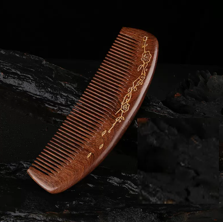 Popular natural sandalwood carved gold peach wood comb (big crescent moon sandalwood comb - plum blossom) (size: length 167 width 52mm)