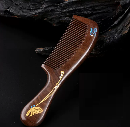 Popular natural sandalwood massage peach wood comb (handle sandalwood comb [Butterfly Love Flower]) (size: length 210 width 55mm)