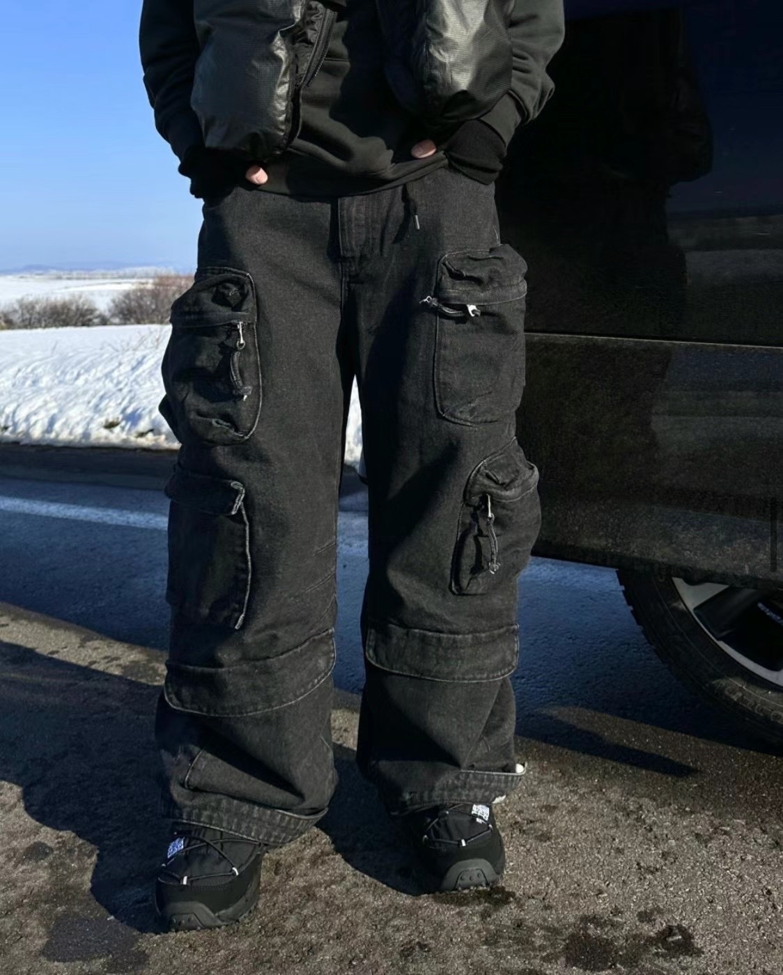 【HERETICS STUDIO 】韓國 고품질 多口袋設計 拉鍊 牛仔 寬版 下身 長褲