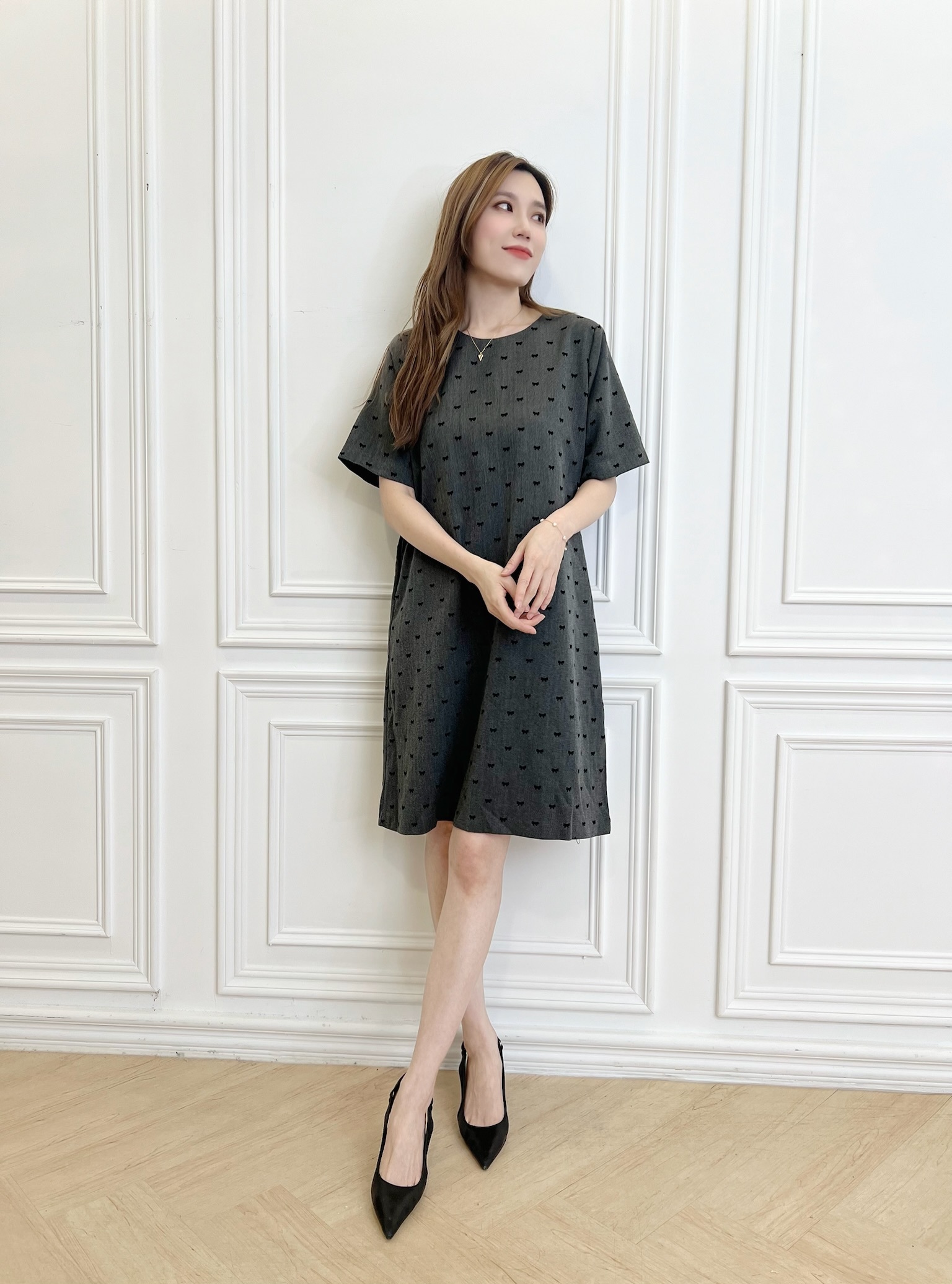 短袖絨布蝴蝶結洋