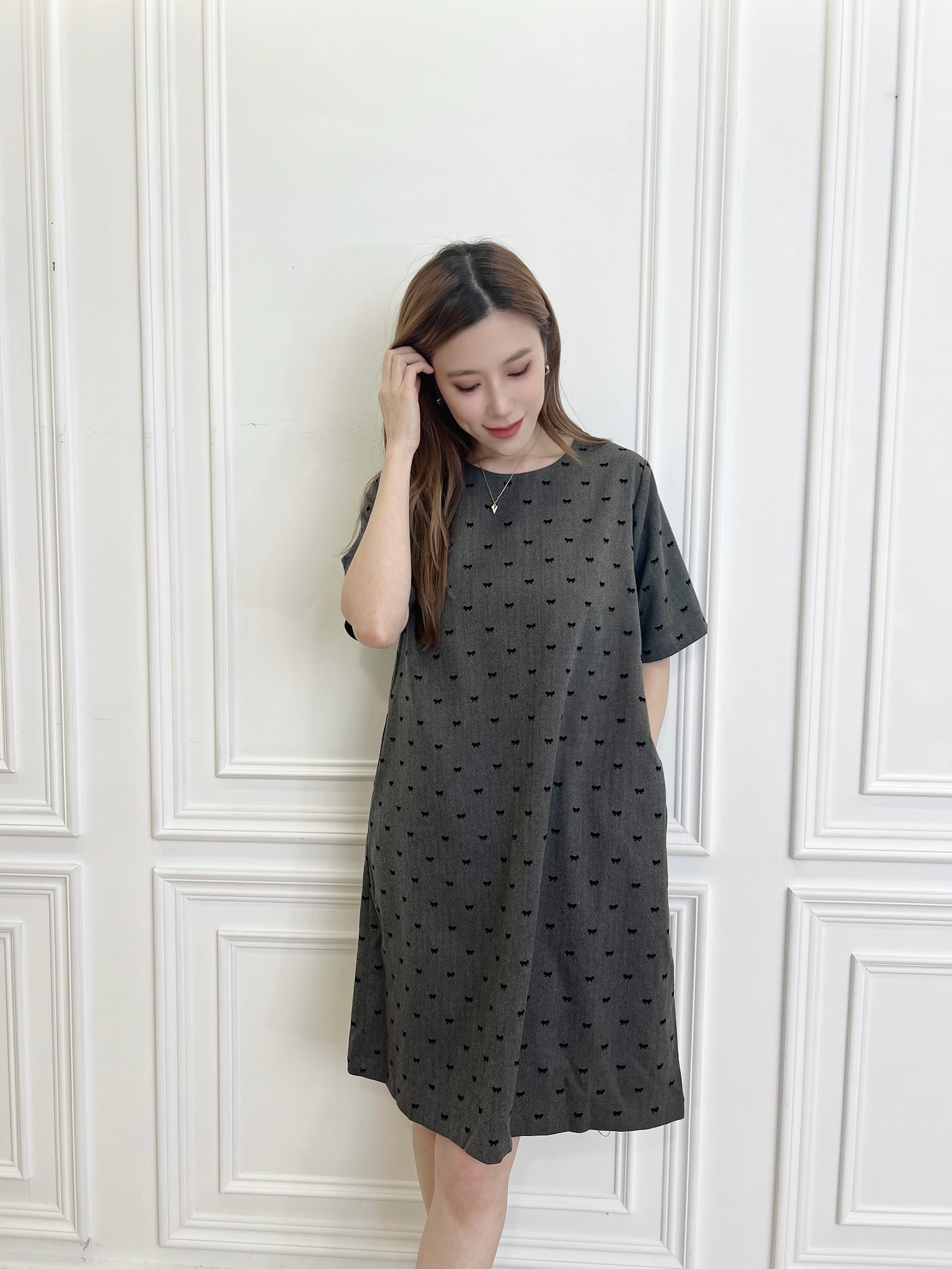 短袖絨布蝴蝶結洋