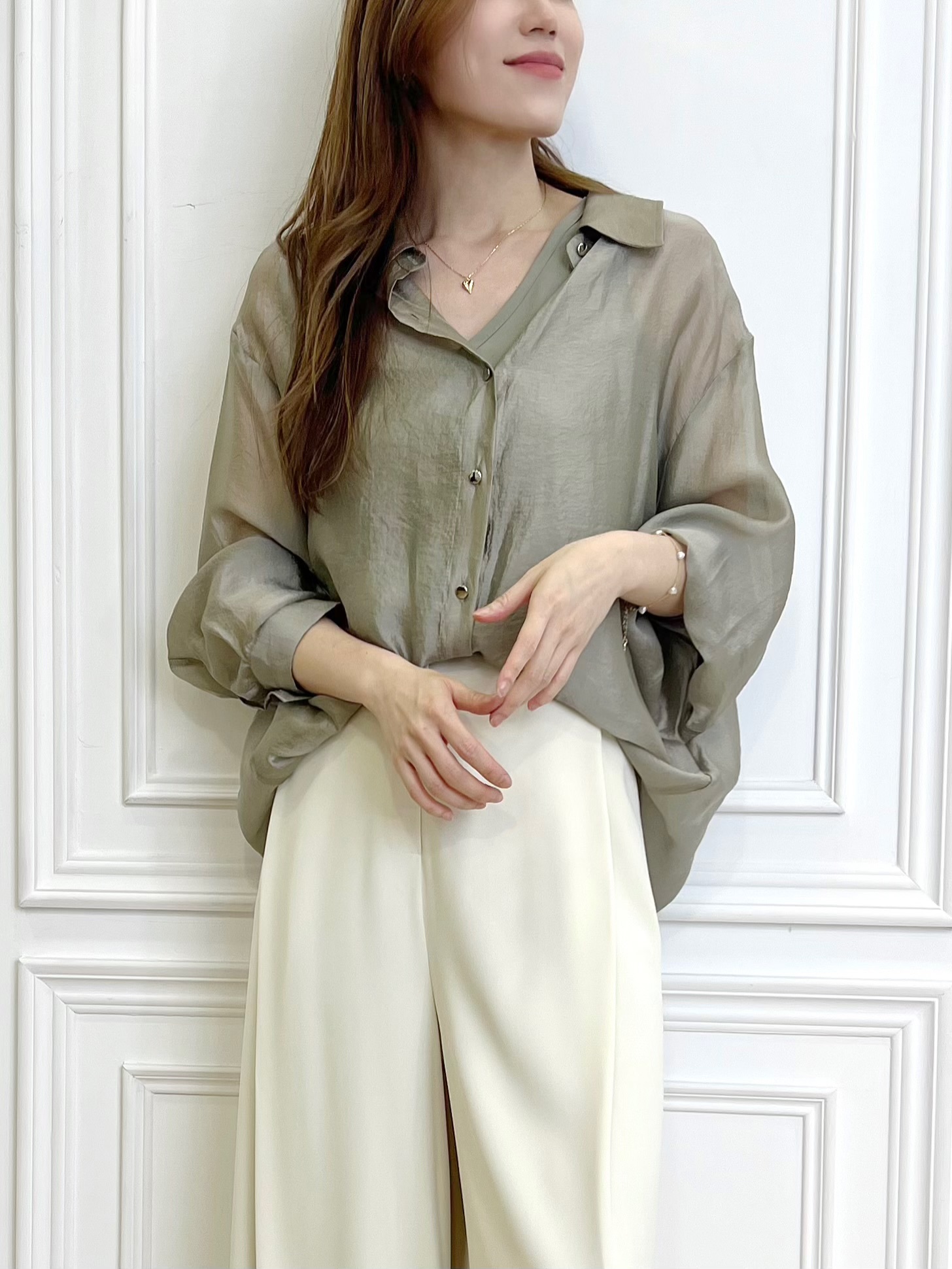 V領透感背心+襯衫Set