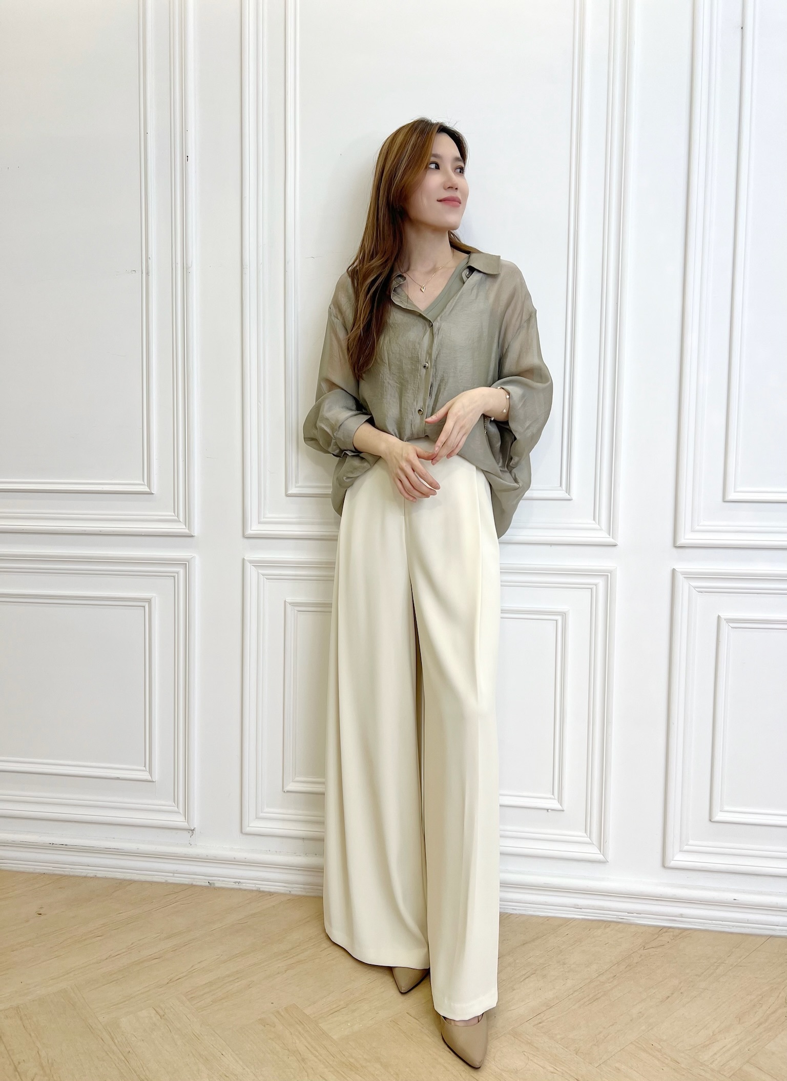 V領透感背心+襯衫Set