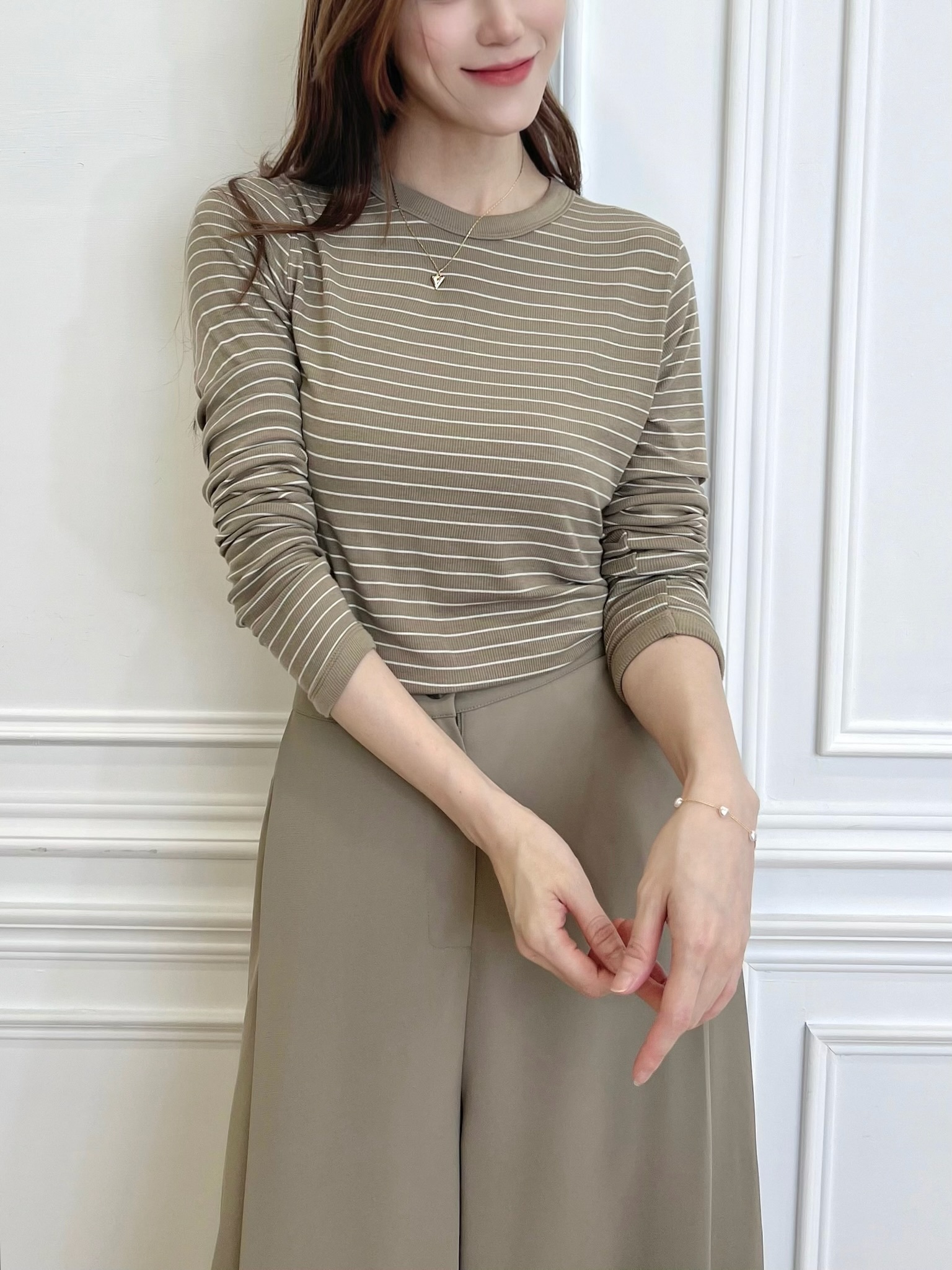 棉料條紋長袖上衣