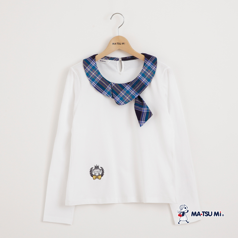 MA‧TSU Mi 格紋不對稱圓領片刺繡棉上衣(白.深藍)
