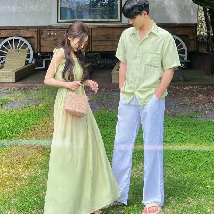 短袖襯衫/肩綁帶抓皺渡假洋裝 (兩色)