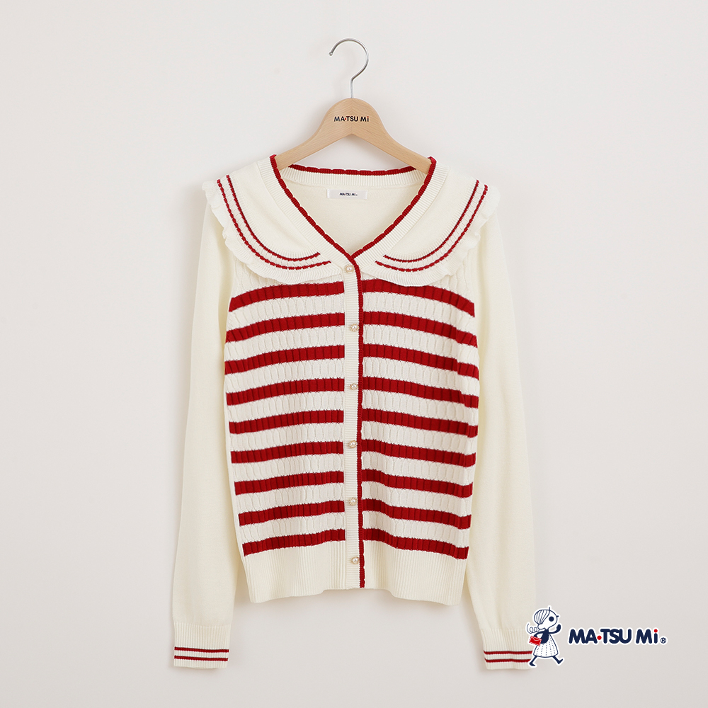 MA‧TSU Mi 撞色水手領片設計花邊條紋針織上衣(白.深藍)