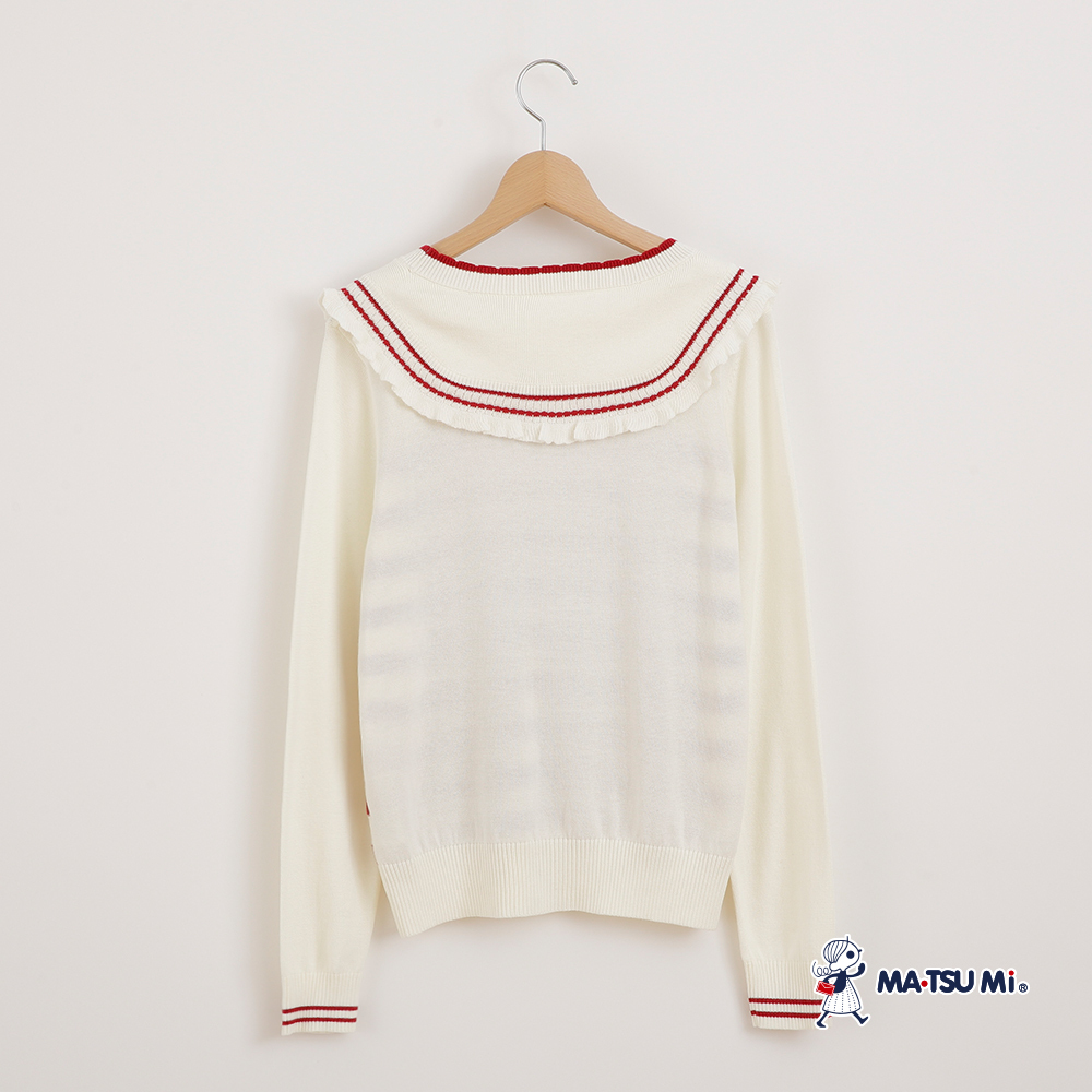 MA‧TSU Mi 撞色水手領片設計花邊條紋針織上衣(白.深藍)