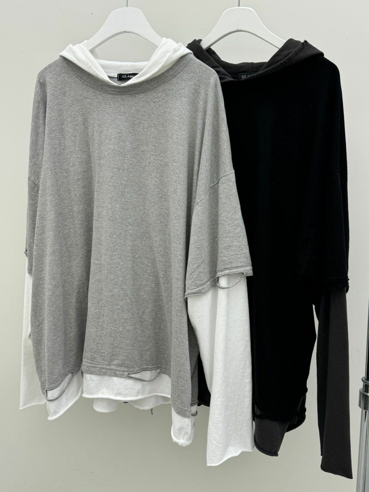 Oversize拼色假兩件連帽長袖衫 GLAMOUR-037T