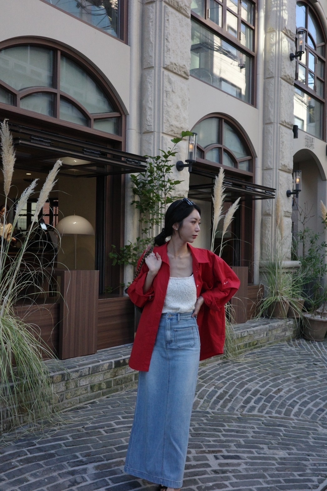 正韓雙口袋後開衩牛仔長裙