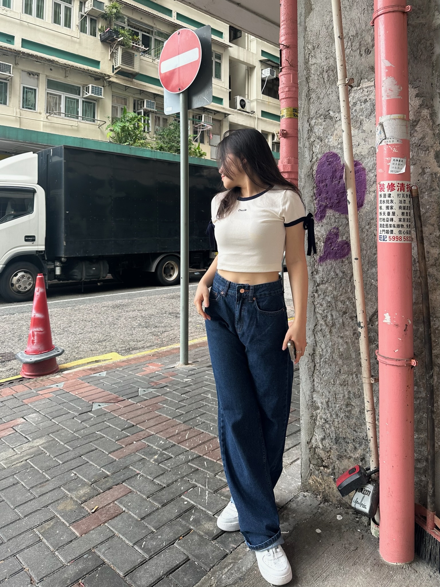 高腰! 復古直腳牛仔褲 < Dark Blue/ Grey>