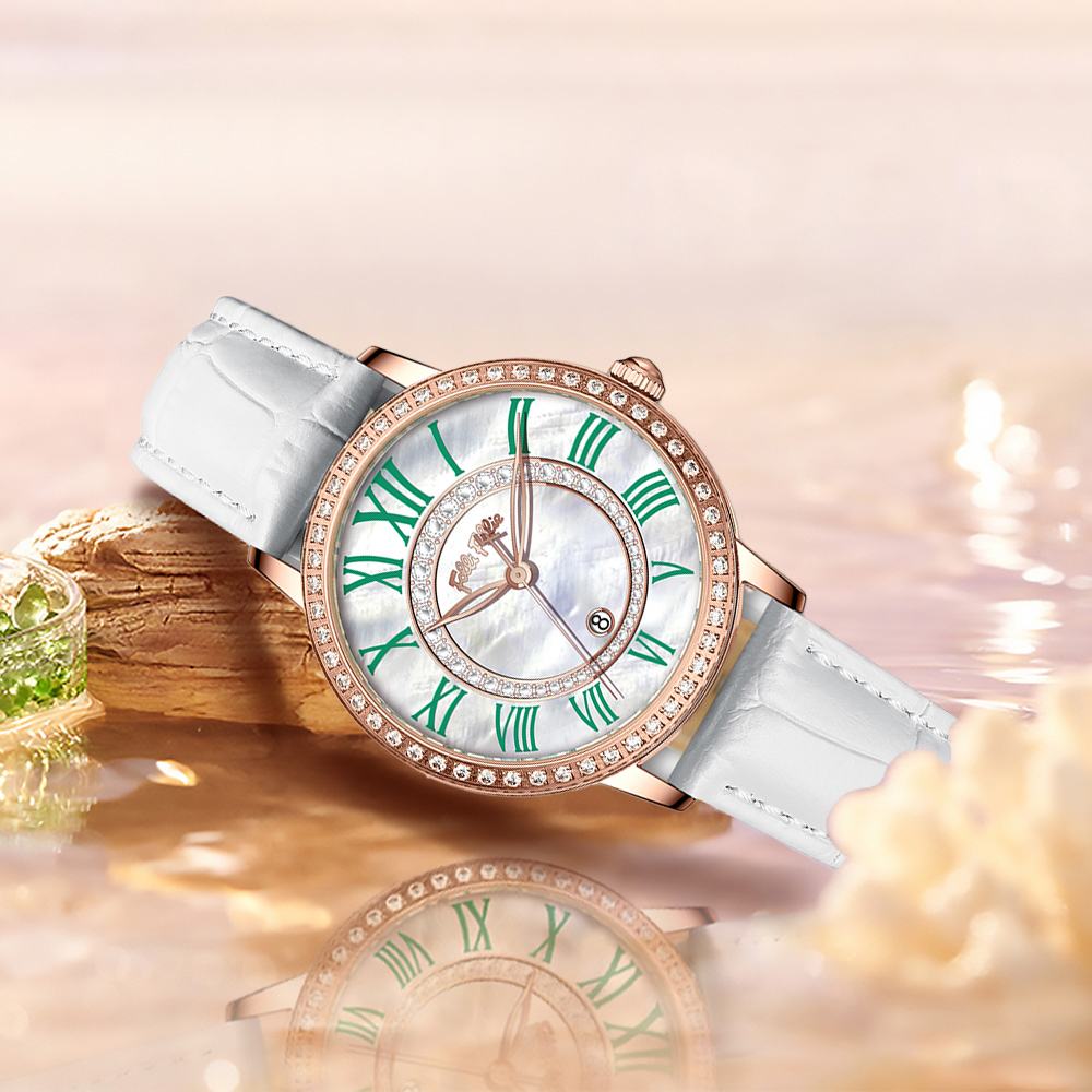 (預購)【Folli Follie 芙麗芙麗】WF22B005L 淑女 時尚 穿搭 優雅 輕奢 帶日期 珍珠母貝 鑲鑽 牛皮 女錶 手錶