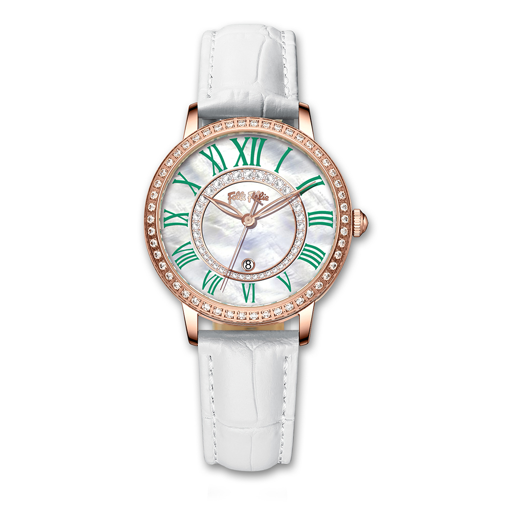 (預購)【Folli Follie 芙麗芙麗】WF22B005L 淑女 時尚 穿搭 優雅 輕奢 帶日期 珍珠母貝 鑲鑽 牛皮 女錶 手錶