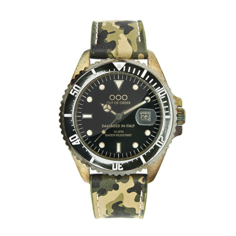 【Out of Order】OOO.001-2.CA 復古 仿舊 日本機芯 帶日期 夜光 旋入式錶冠 黑迷彩 皮革 手錶