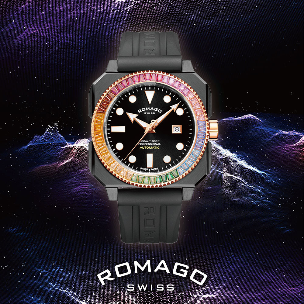 (預購)【ROMAGO 雷米格】專業深潛者300系列 RM109-RBOW 彩虹圈 水鬼 瑞士 機械錶 八角 夜光 日期顯示 贈錶帶 潛水運動型腕錶