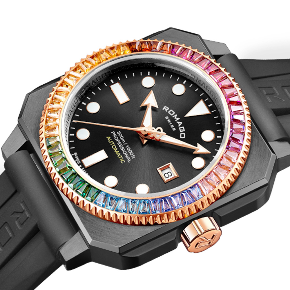 (預購)【ROMAGO 雷米格】專業深潛者300系列 RM109-RBOW 彩虹圈 水鬼 瑞士 機械錶 八角 夜光 日期顯示 贈錶帶 潛水運動型腕錶