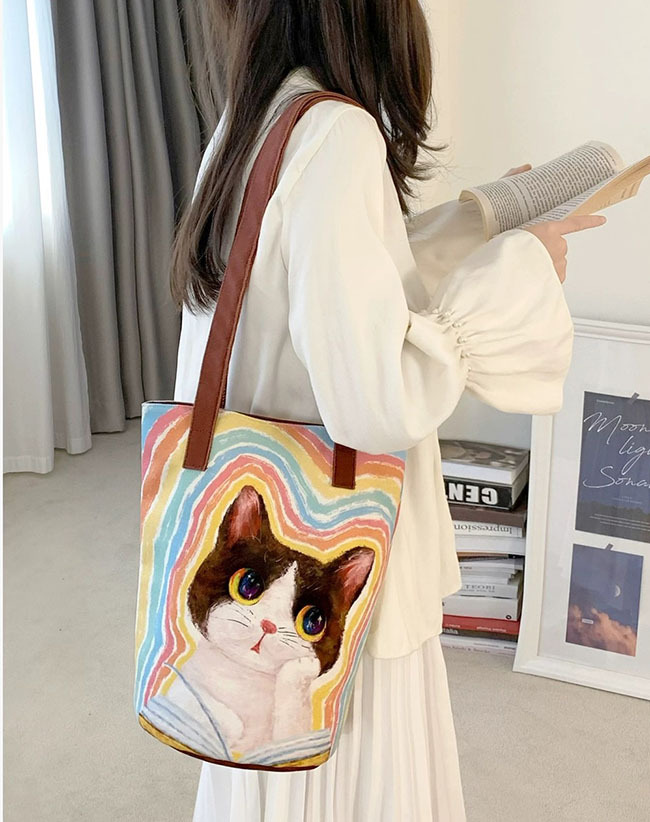 塗鴉貓咪肩揹磁吸扣帆布包-下殺優惠 現貨