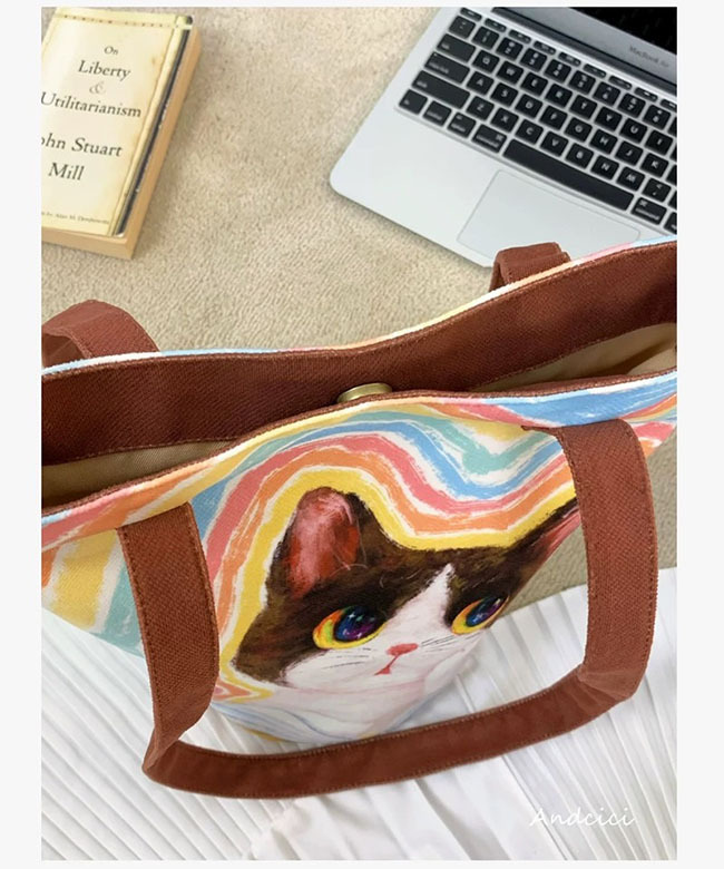 塗鴉貓咪肩揹磁吸扣帆布包-下殺優惠 現貨