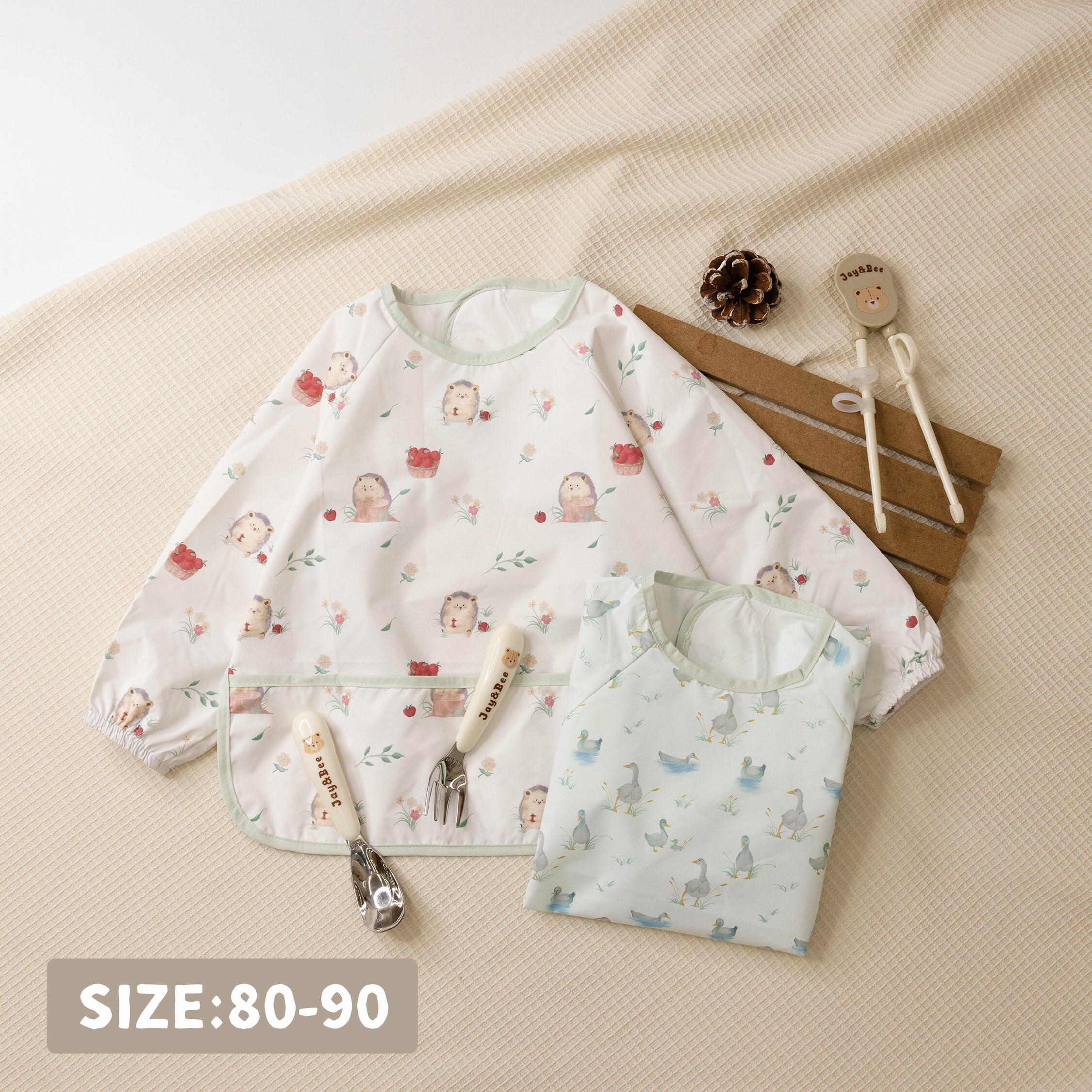 【JS0342】蘋果刺蝟&鴨鴨戲水長袖防髒圍兜＊兩色