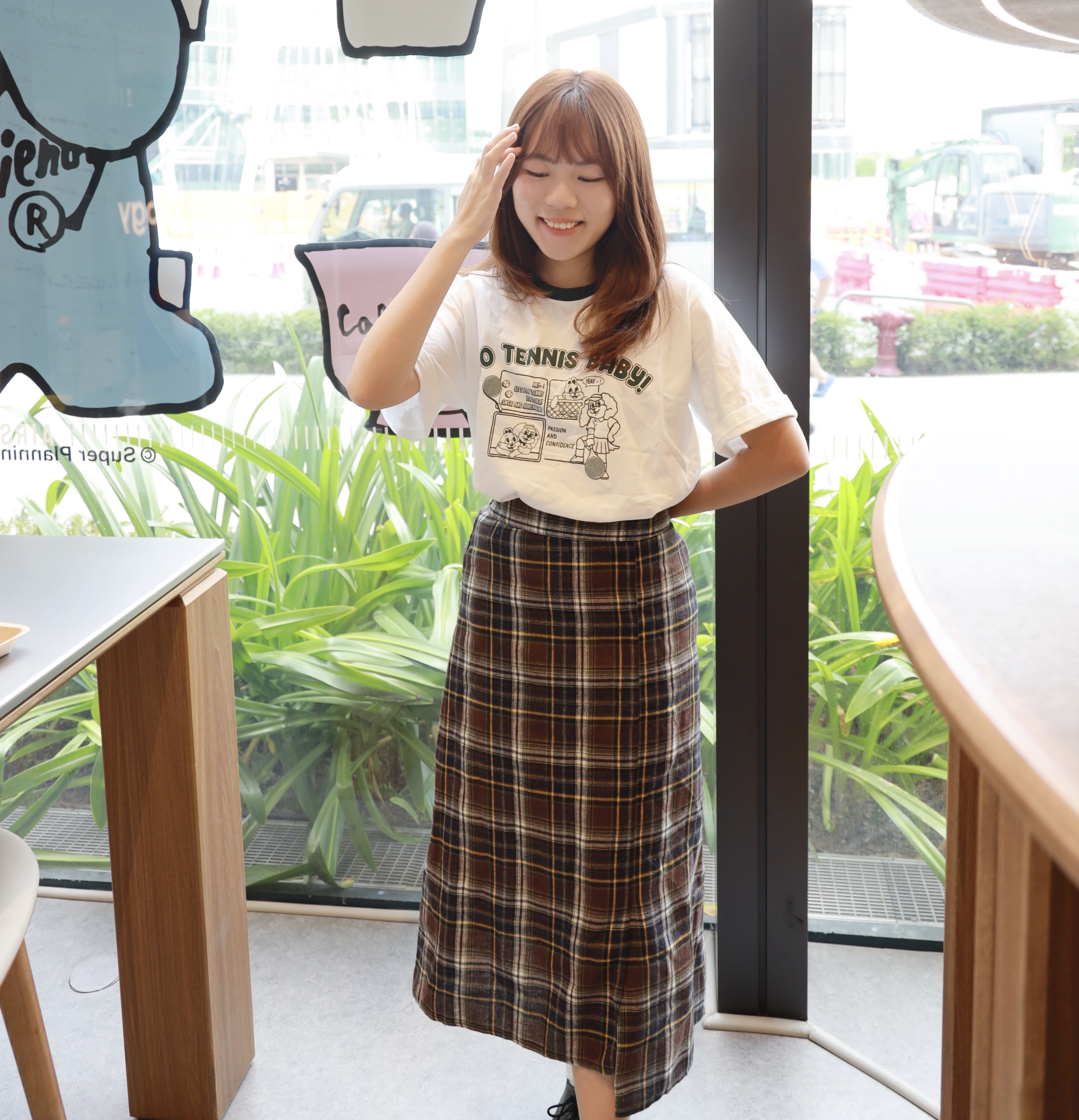 ||SKl242||   秋款啡格休閒直身長裙