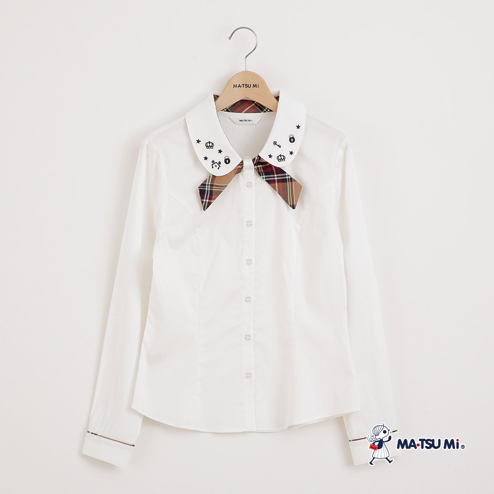 MA‧TSU Mi 學院風格紋領片刺繡襯衫(白.深藍)
