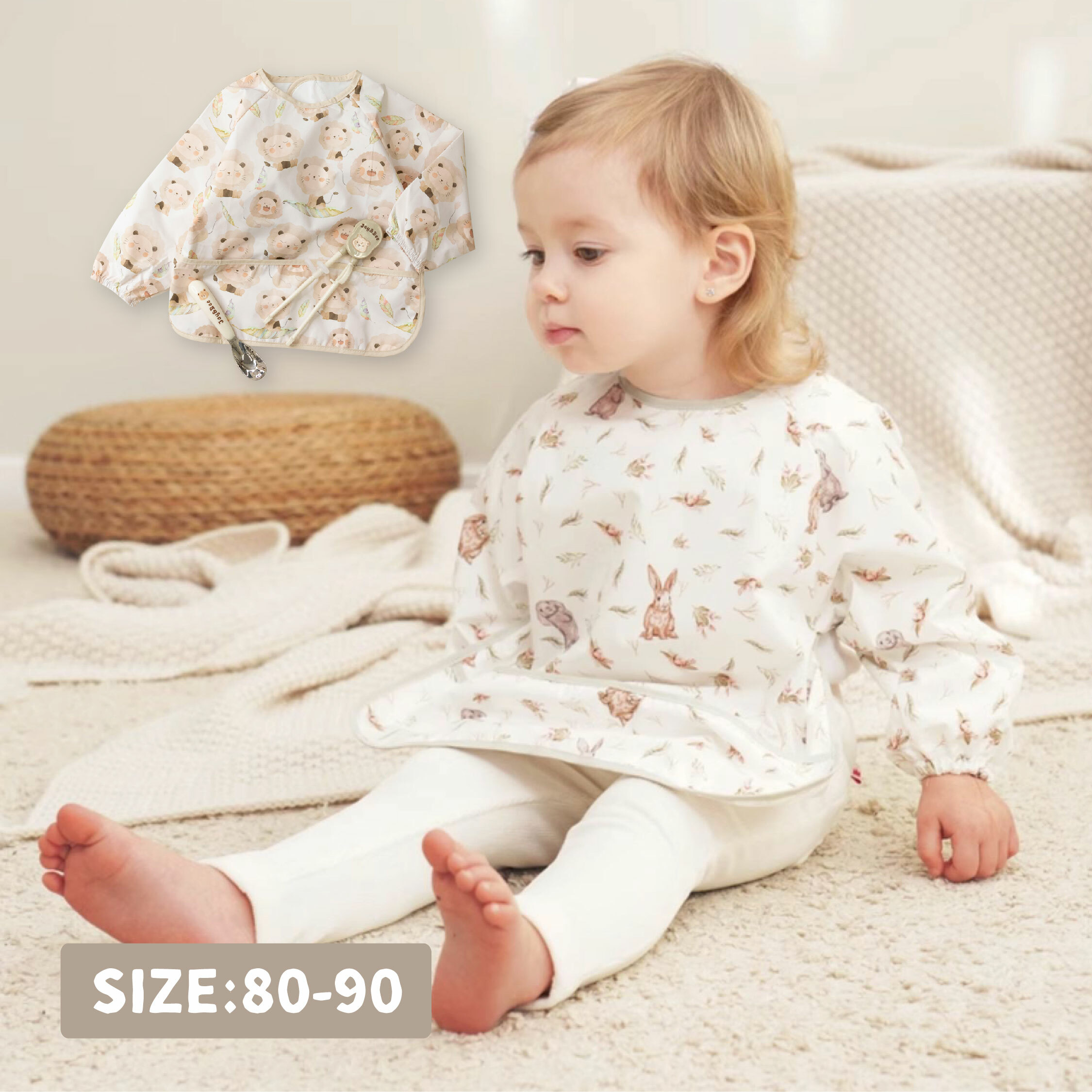 【JS0341】手繪兔子&羽毛獅子長袖防髒圍兜＊二色