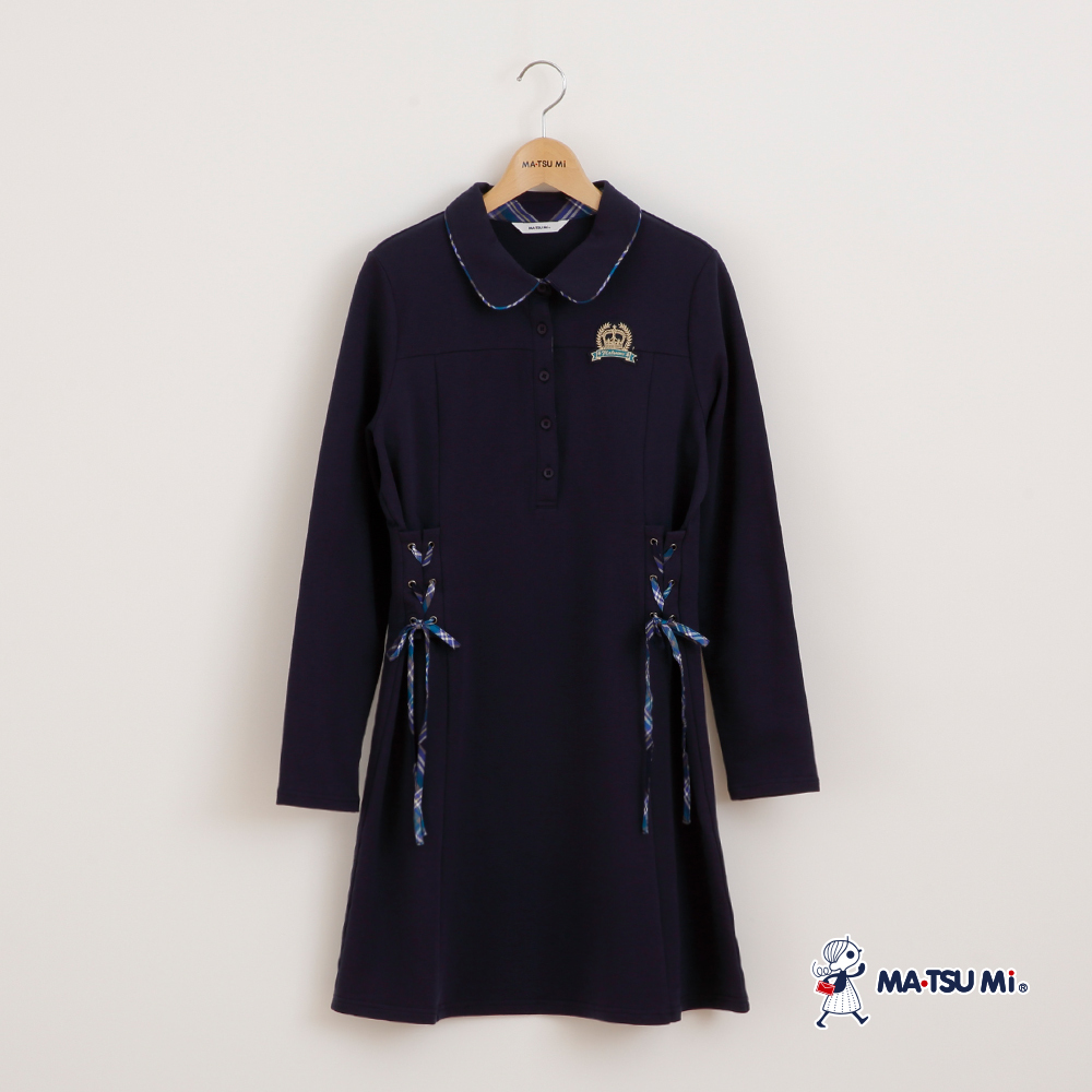 MA‧TSU Mi 學院風格紋蝴蝶結綁繩POLO領洋裝(紅.深藍)